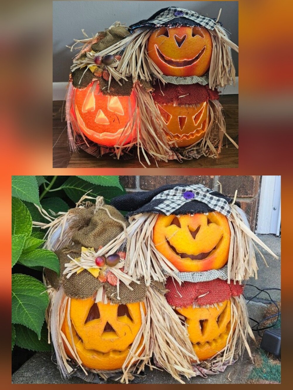 Vintage '03 Gemmy Fiber Optic 3 Pumpkins Trio Scarecrow Jack O Lantern Halloween